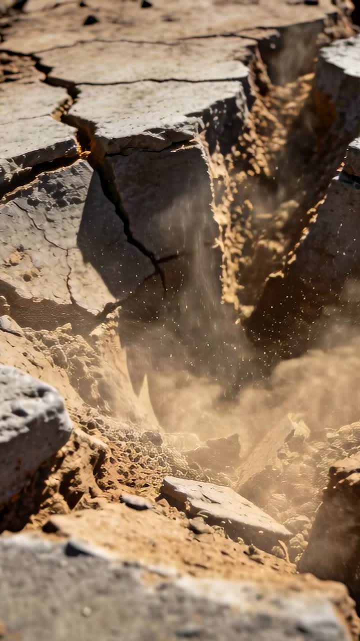 Video verticale: Fessura stretta che si apre, il calore che allenta i bordi, facendo cadere sabbia e rocce sul letto del fiume.