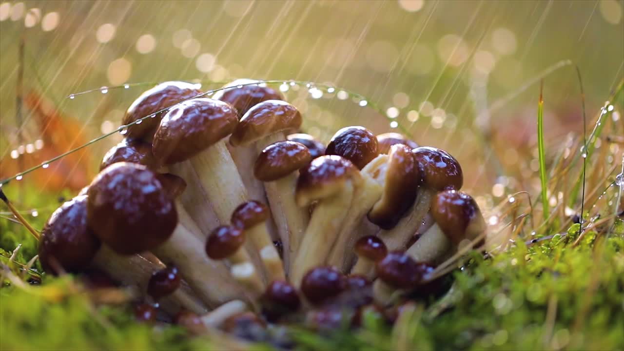 hongos armillaria de agarico de miel en un bosque soleado bajo la lluvia.