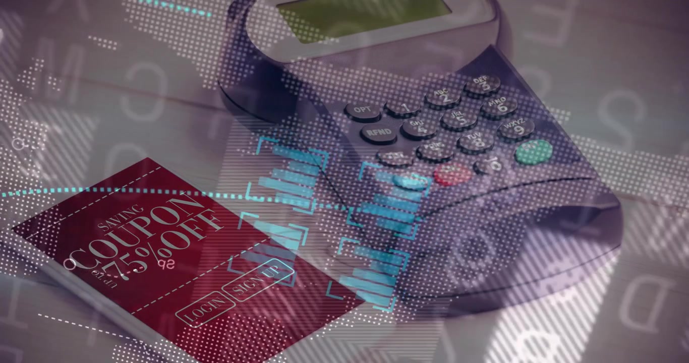 Upon opening red coupon and POS terminal receiving data overlays analyzing payment transactions