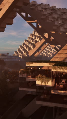 brutalist architecture at sunset: a futuristic cityscape