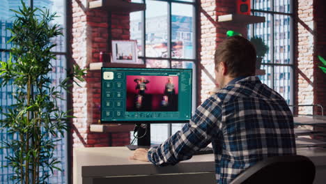 hombre en el espacio de trabajo del apartamento usando software de ia convirtiendo el mensaje de texto en fotos