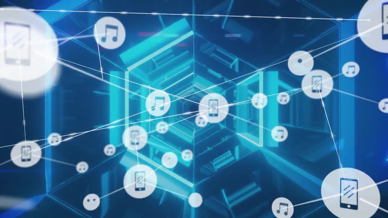 animación de una red de iconos digitales contra un túnel hexagonal azul neón en un patrón sin costuras