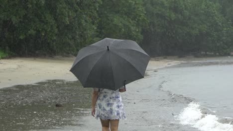 lluvia en la playa chica en cámara lenta con paraguas