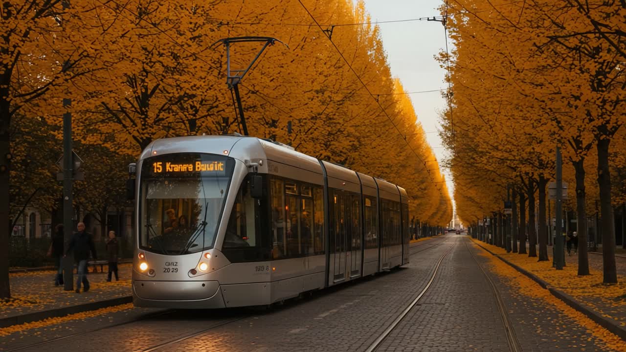 A serene tram journey through a vibrant corridor of golden autumn trees, showcasing the beauty of nature and urban transportation blended harmoniously in an enchanting street scene