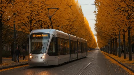 a serene tram journey through a vibrant corridor of golden autumn trees, showcasing the beauty of nature and urban transportation blended harmoniously in an enchanting street scene