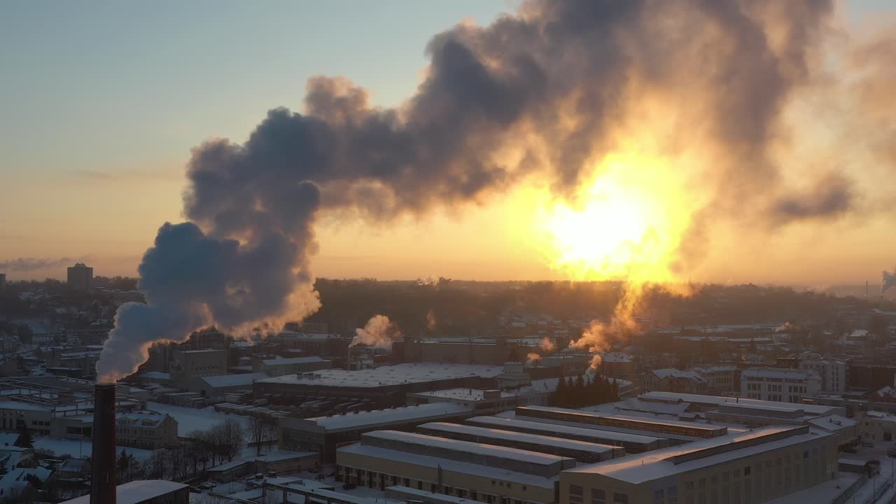 Drone aerial view of smoke in the early winter morning
