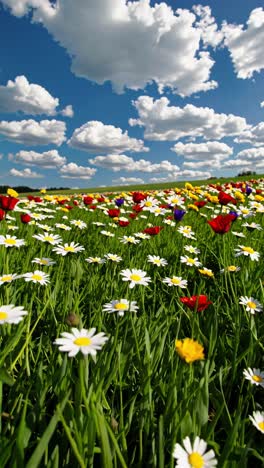 colorful flower field under a cloudy sky