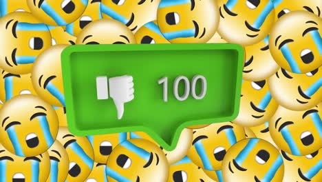 numbers increasing with dislike icons against crying face emojis moving