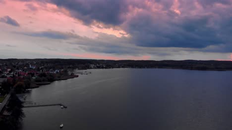 aerial pan shot of charzykowy lake in pomeranian voivodeship, poland