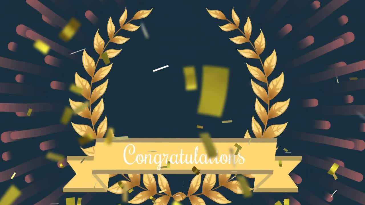 Animation of congratulations text over confetti and crown on green background