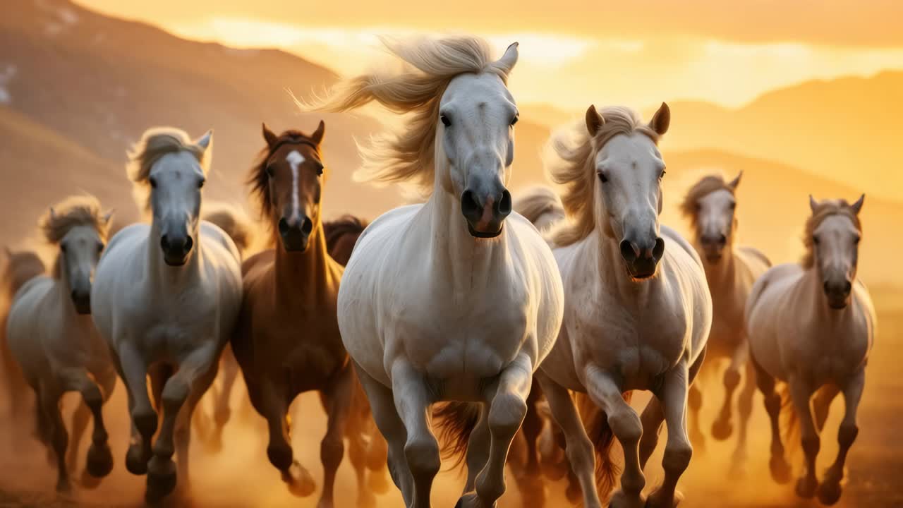 Dynamic low-angle video shot of galloping horses in a sunlit landscape, capturing motion and energy