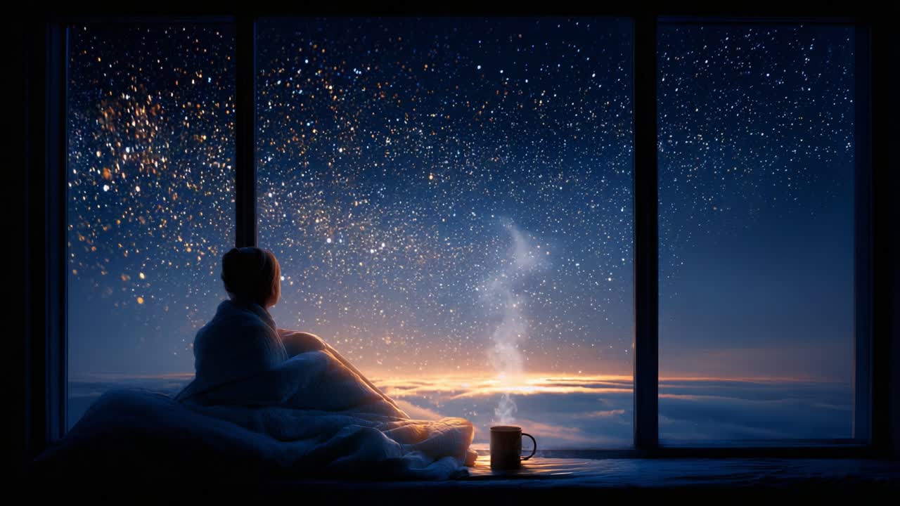 A Serene Evening View from a Cozy Window: Gazing at the Glittering Stars and Celestial Wonders as Night Falls, Creating a Tranquil Atmosphere of Reflection and Peace