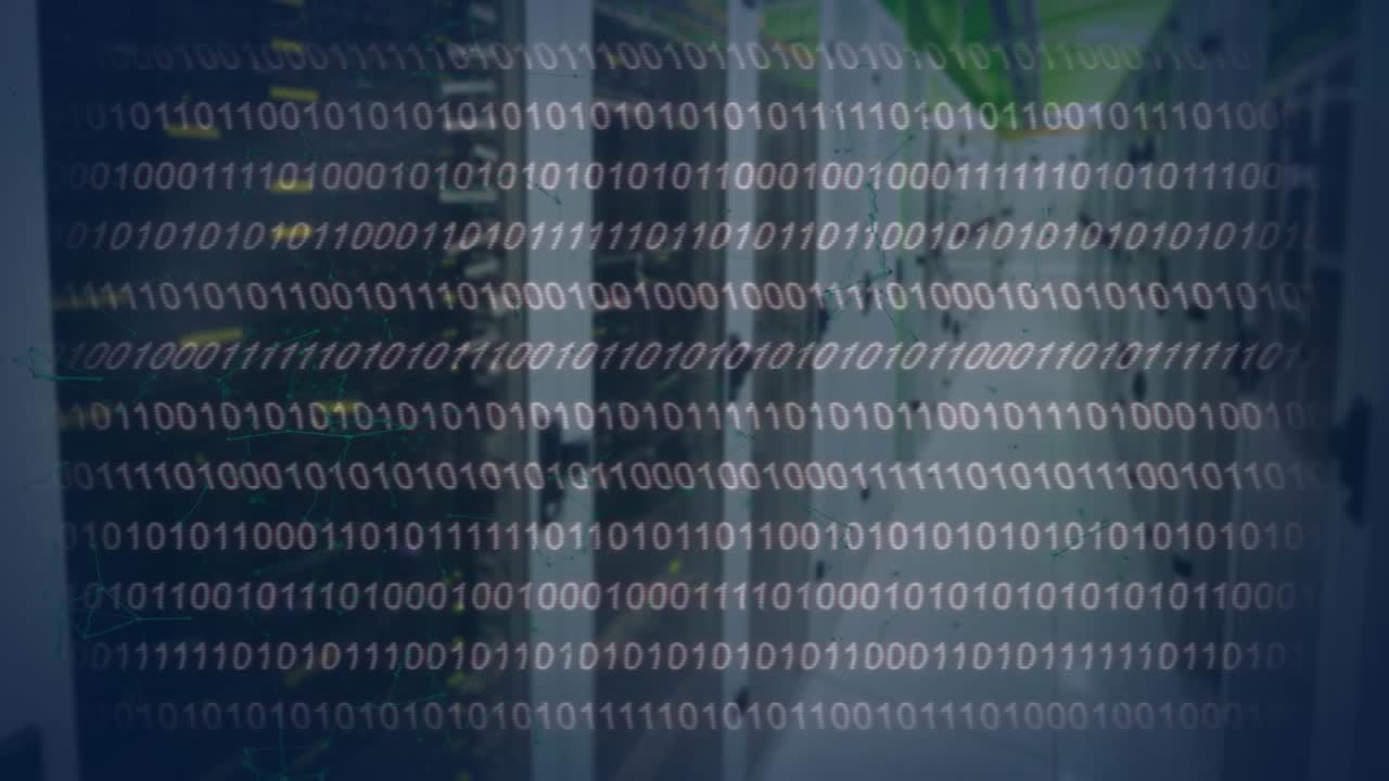 Animation of binary coding over server room