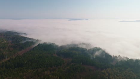 Aerial-drone-magnificent-shot-over-green-highlands-covered-with-dense-forest-on-a-foggy-morning