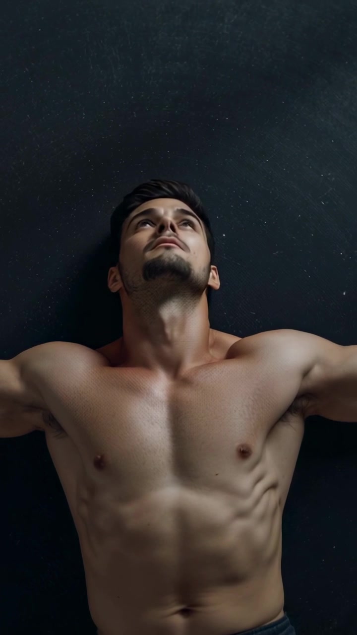 Video verticale: Uomo a torso nudo che finisce la serie respirando lentamente su un tappetino scuro in pantaloncini scuri, rilassandosi.