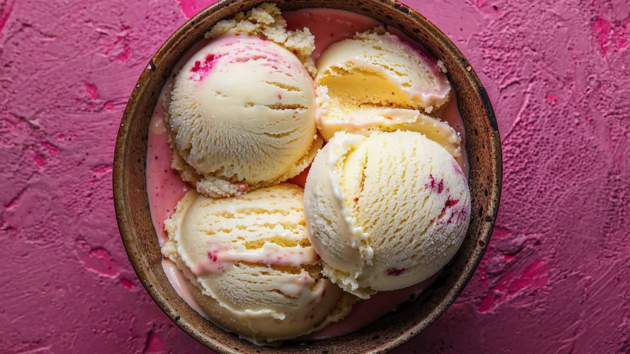 Vista dall'alto di una ciotola di gelato su sfondo rosa.
