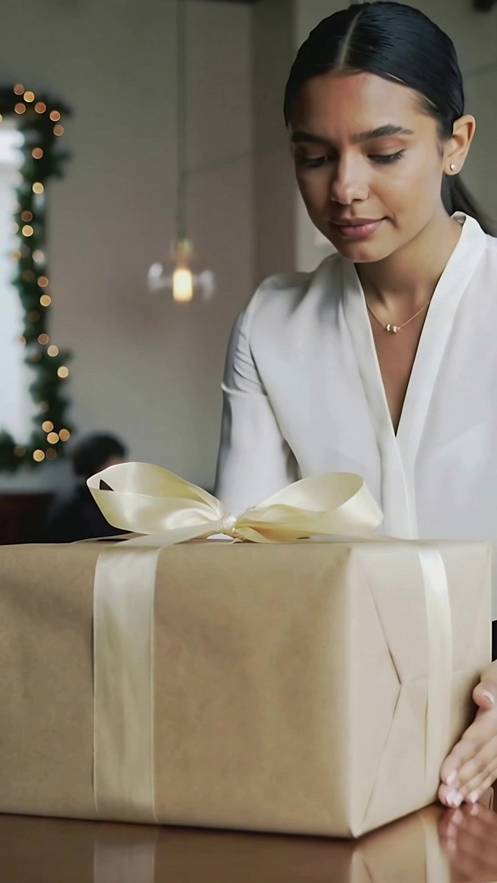 Video verticale: Donna in camicetta bianca che si china per sistemare un regalo con nastro dorato su un tavolo di casa, in fase di preparazione.
