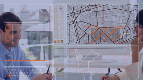 análisis de datos de mapas de ciudades, animación de interfaces futuristas sobre personas en la oficina