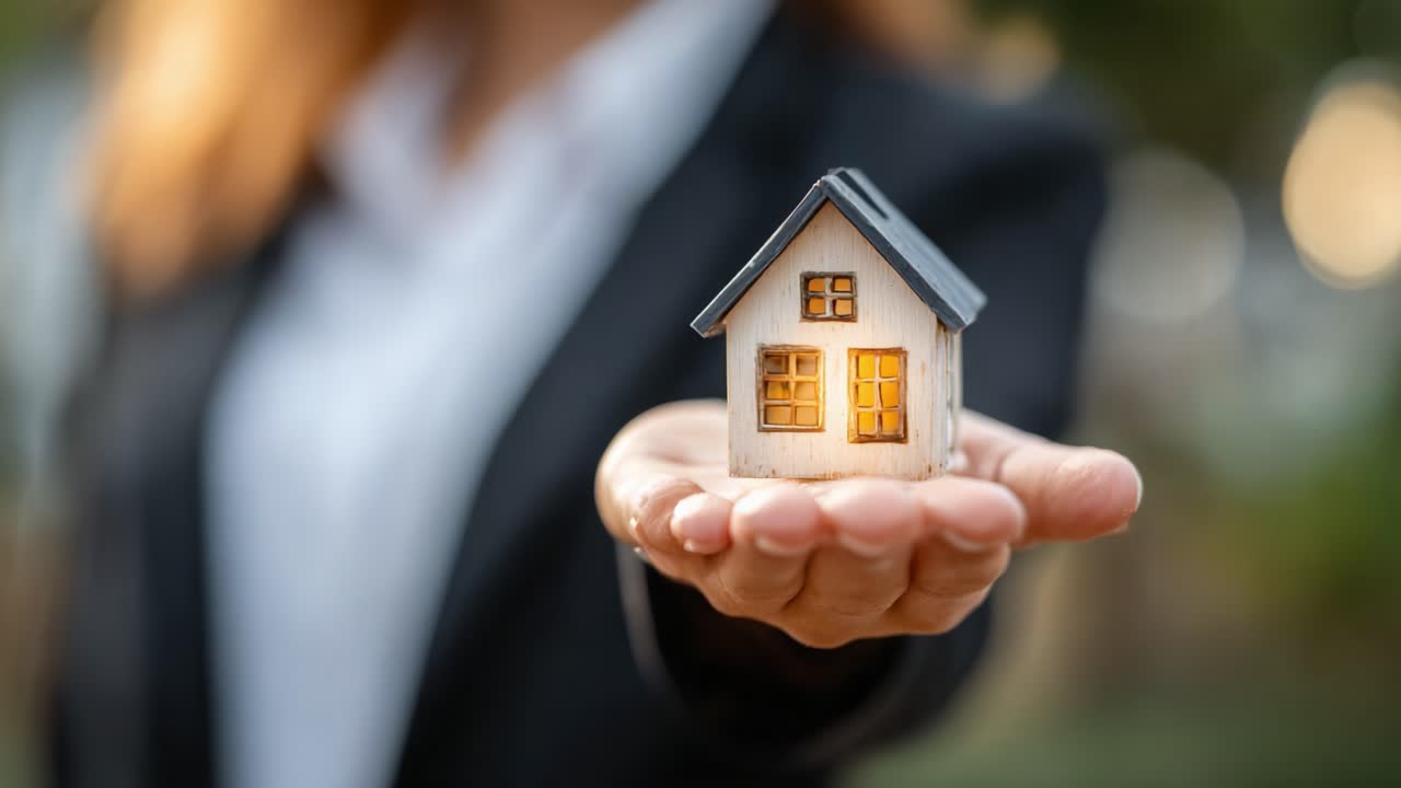 Un símbolo de la propiedad de vivienda: Representando seguridad y confort con un modelo de casa en miniatura en la mano sobre un fondo suavemente desenfocado.