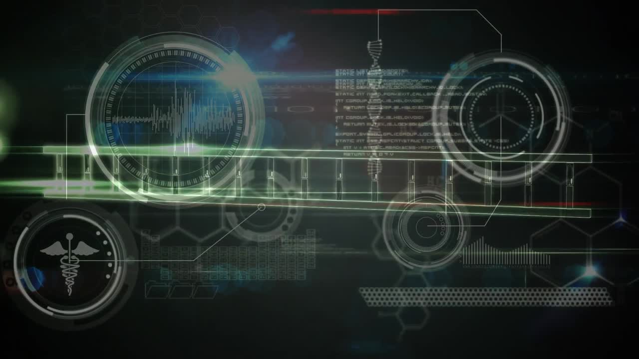 Animation of dna strand over data processing on black background
