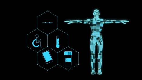 Animation-of-medical-icons-and-digital-human-on-black-background