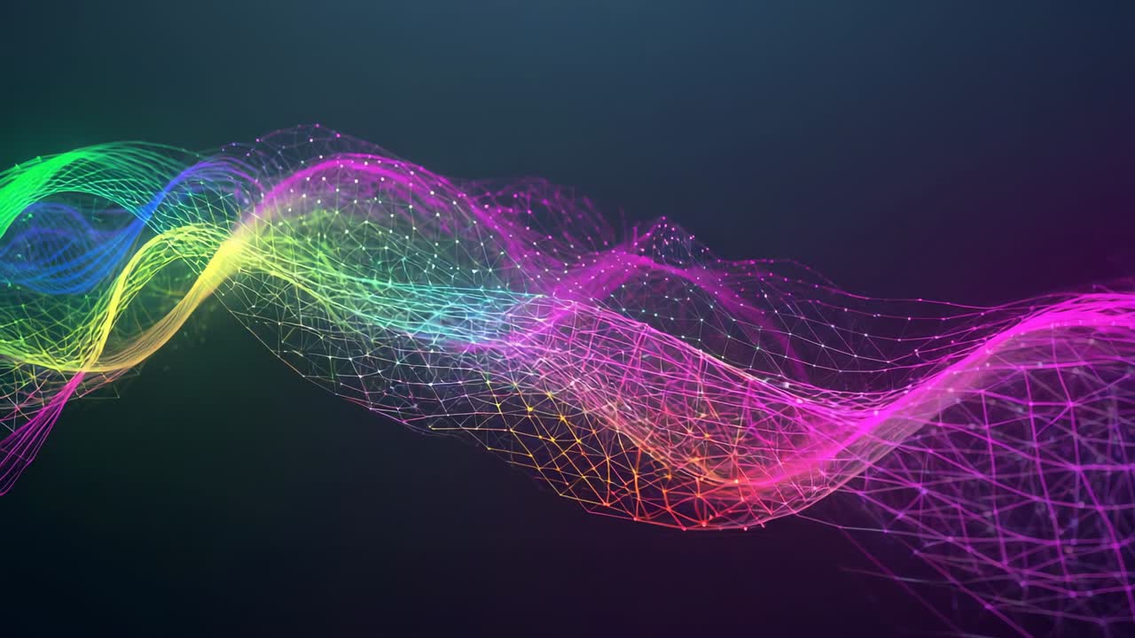 Emerging mesh wave flowing from left edge across dark backdrop, grid nodes pulsing and looping