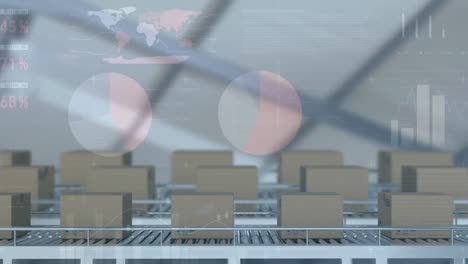 animación del procesamiento de estadísticas sobre cajas de cartón en cintas transportadoras