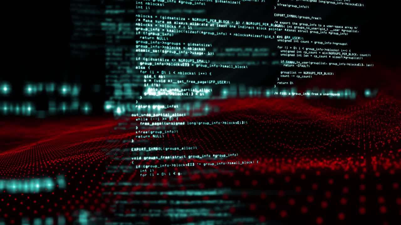 animación del procesamiento de datos y puntos rojos sobre fondo negro