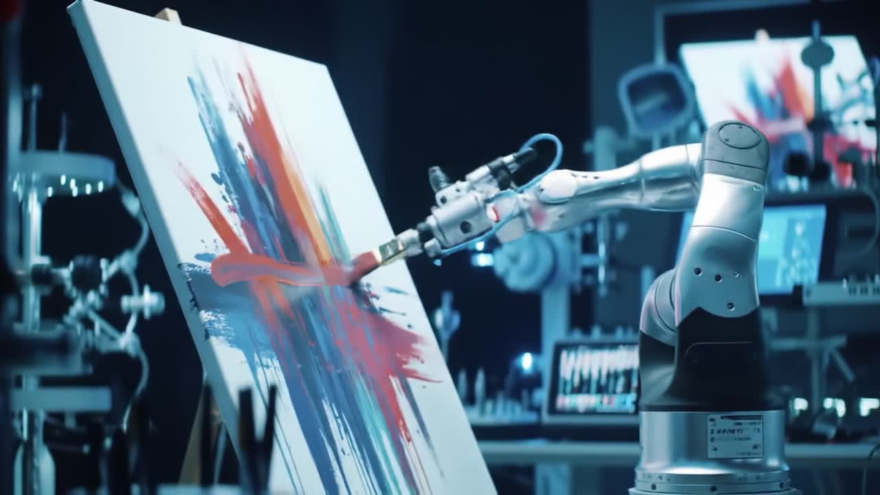 A robotic arm skillfully applies paint to a large canvas, producing an abstract masterpiece in a contemporary art studio. The environment is filled with artistic tools and vibrant colors.