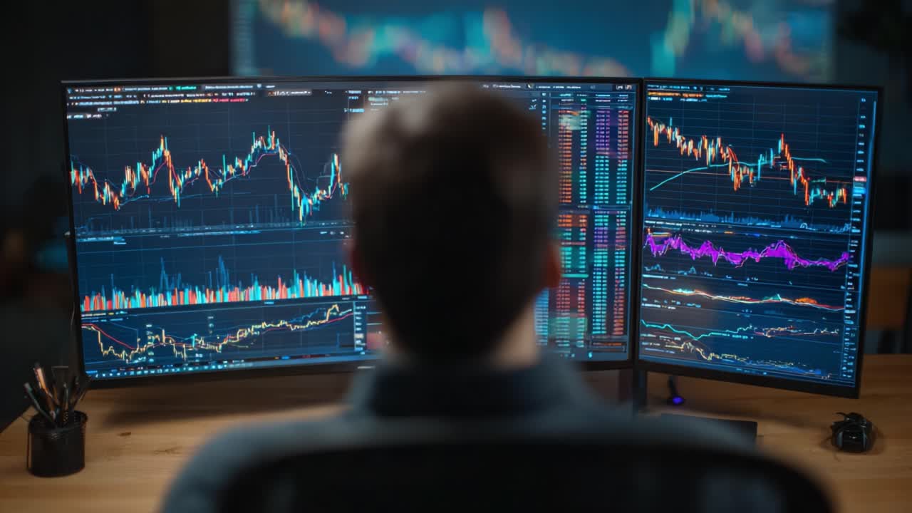 A Focused Trader Analyzing Financial Data on Multiple Monitors in a Modern Trading Environment, Surrounded by Graphs and Charts to Guide Strategic Decisions
