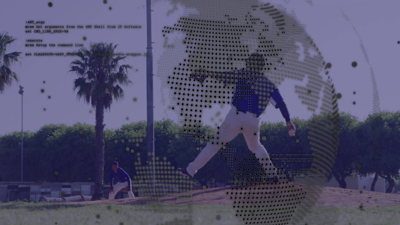 Pitcher pitching from mound, fielder crouching behind with sports analytics overlaying dot map code