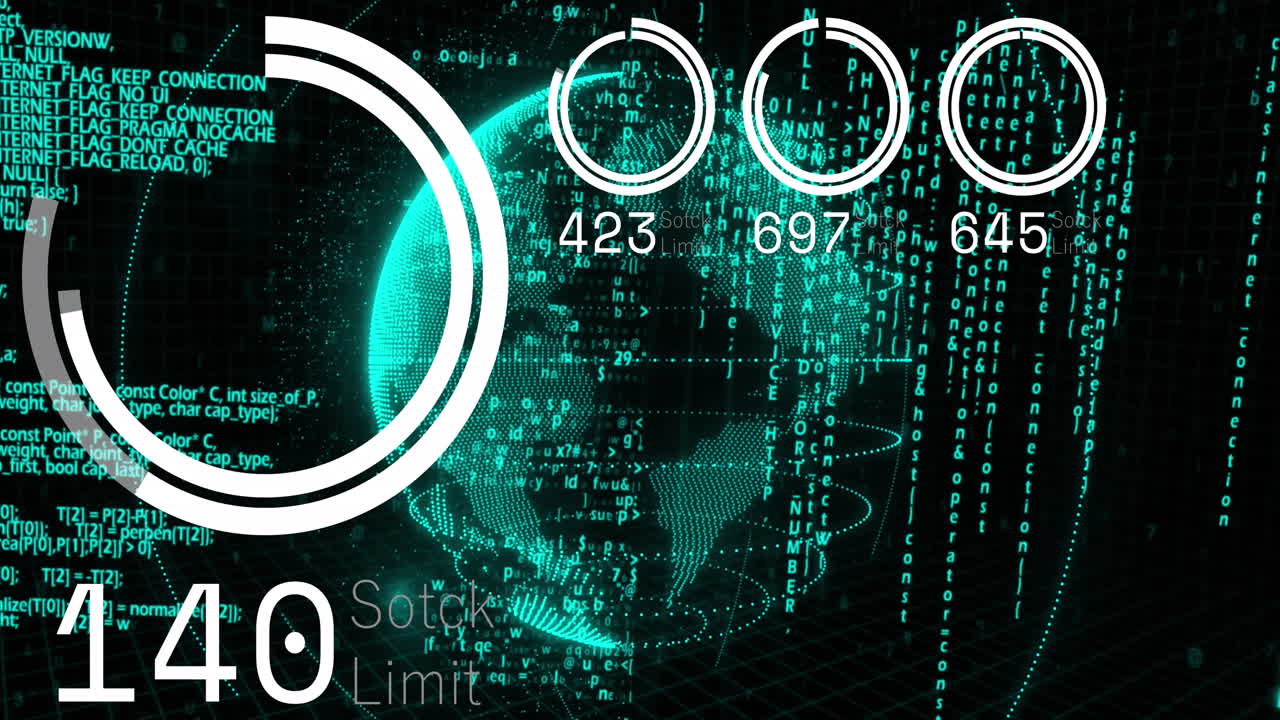 Animation of stock market data processing over spinning globe against black background