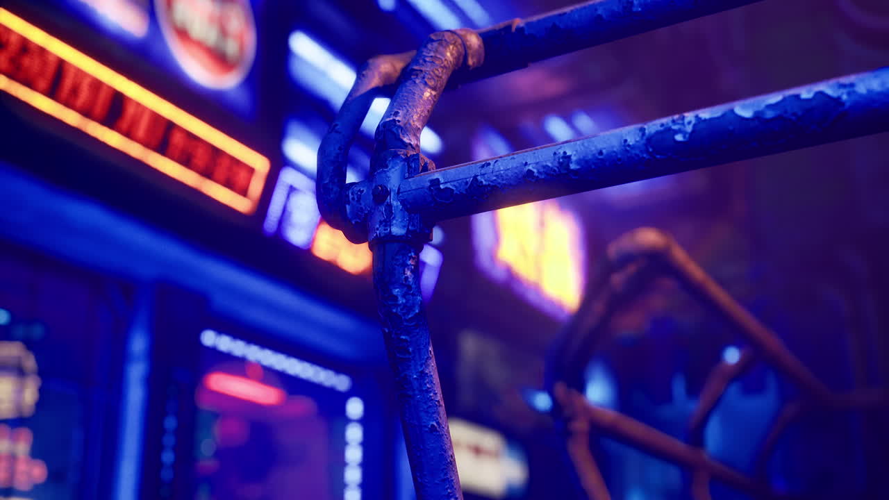 Bright neon lights illuminate a bustling urban area at night