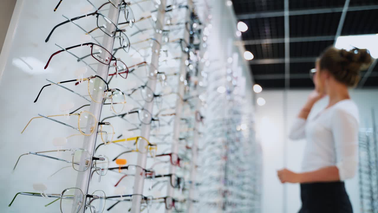 Woman trying glasses. Customer trying out frames at eyeglass store