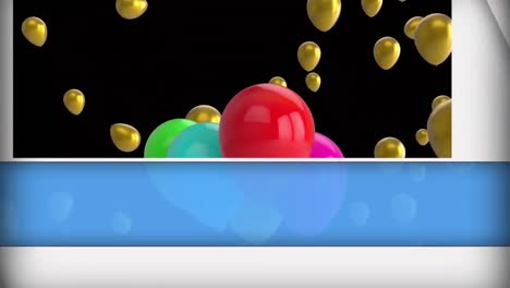 animation of flying colorful balloons and moving panels over black background