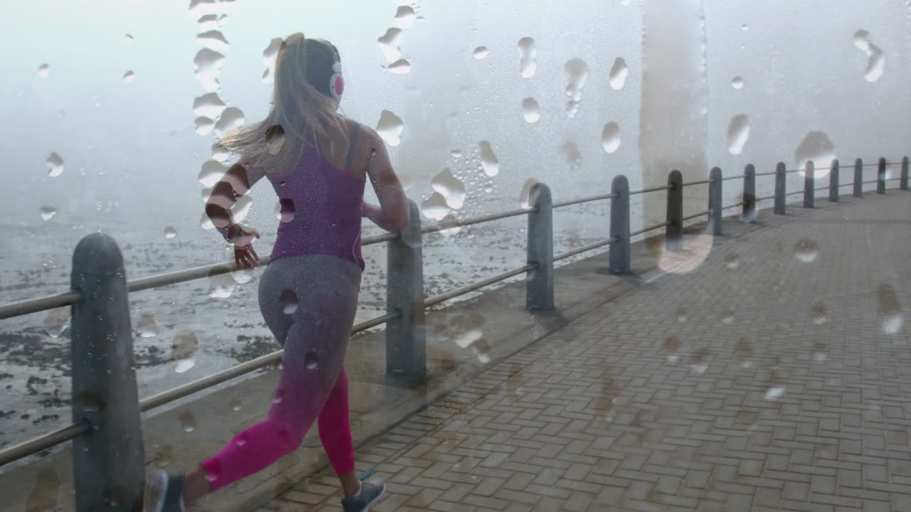 Animation of water drops over caucasian woman running on promenade