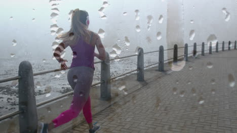 animation of water drops over caucasian woman running on promenade