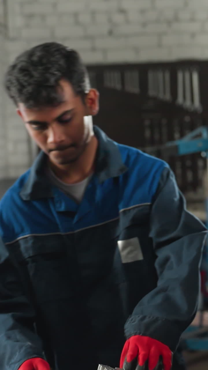 Mechanic in blue uniform working on engine while colleague steps back, wipes forehead, then resumes scrapping in busy mechanical shop, workshop filled with tools