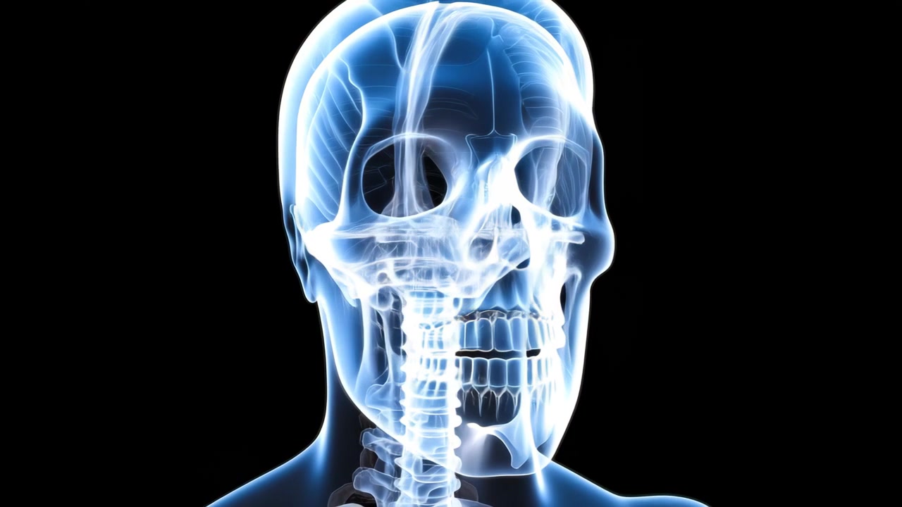Modello 3D trasparente di cranio umano e colonna vertebrale in rotazione