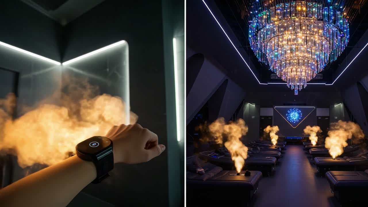 A Captivating Scene Featuring a High-Tech Wearable Device with Ambient Lighting and Mysterious Smoke Effects in a Sleek, Modern Room Design