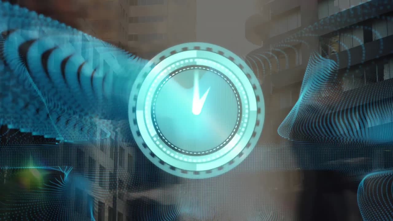 Animation of clock moving fast over pedestrians walking in fast motion