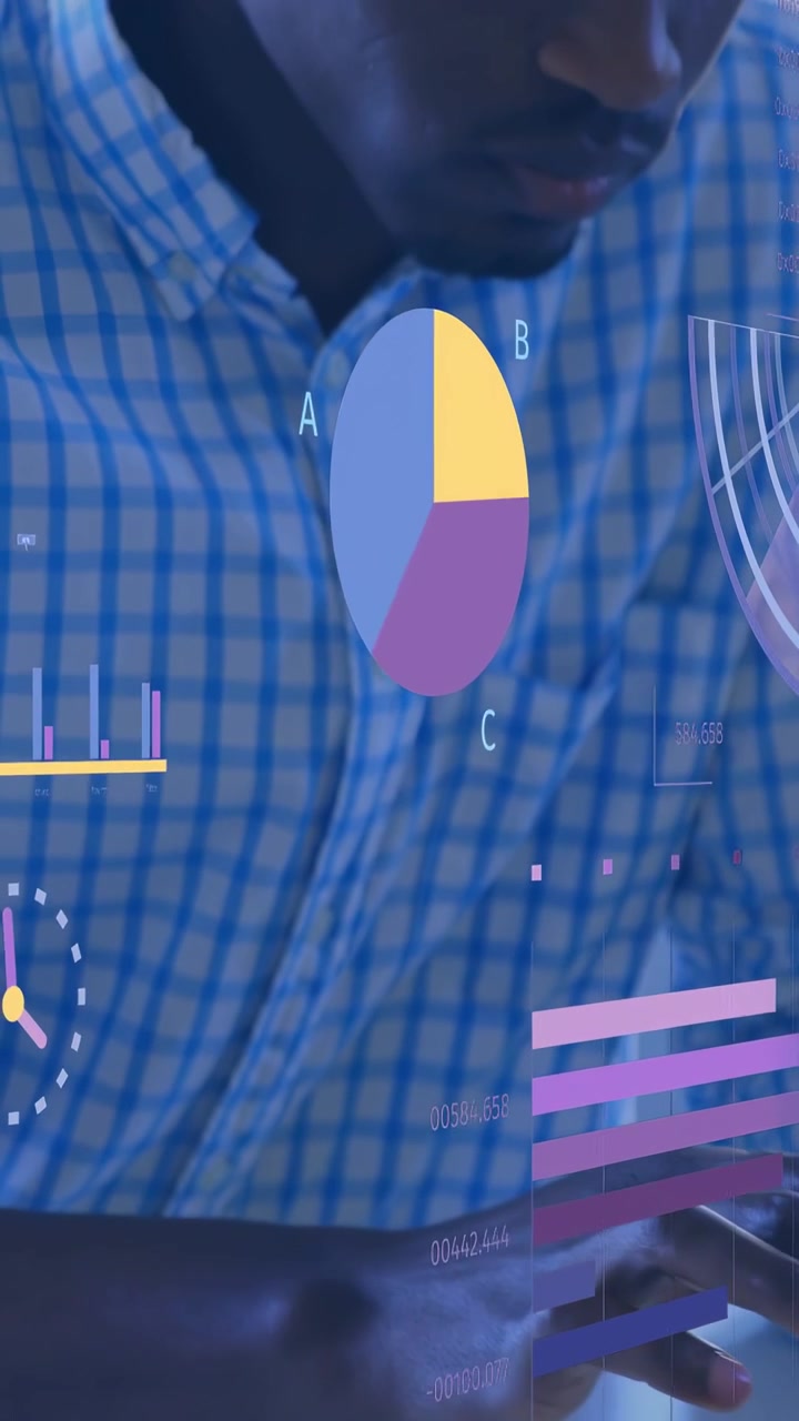 Vertical video: Man tapping tablet and swiping, updating tech pie and radial charts while reviewing