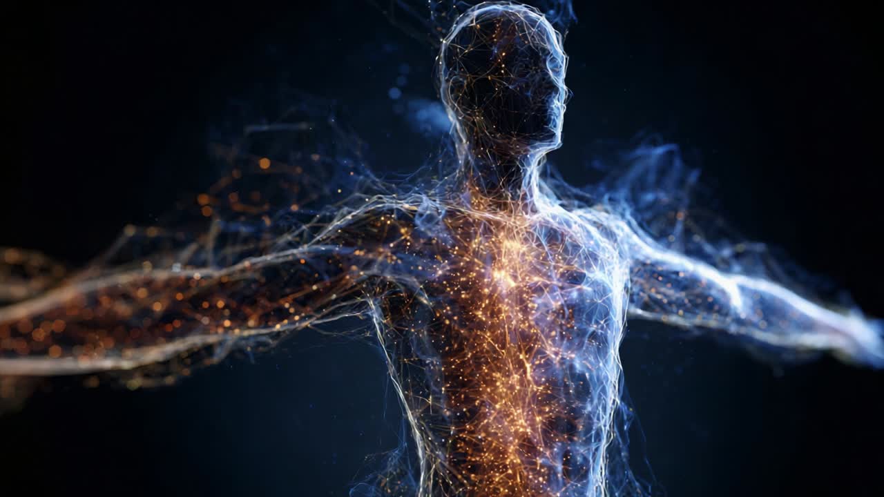 A mesmerizing depiction of a luminous human figure surrounded by a vibrant network of energy and light, showcasing the dynamic interplay of cosmic forces within a digital realm