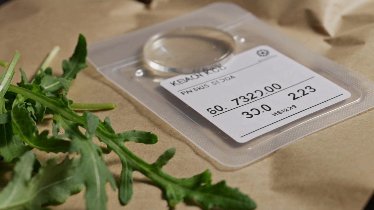 Panoramica della telecamera che rivela un blister con anello ed etichetta su carta kraft, con rucola e testo visibile.