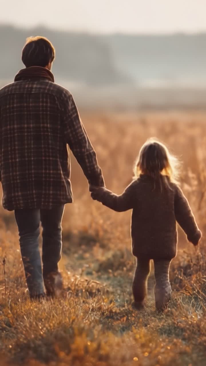 Un viaggio commovente: padre e figlia che camminano mano nella mano attraverso un prato illuminato dal sole, abbracciando la natura e momenti preziosi insieme