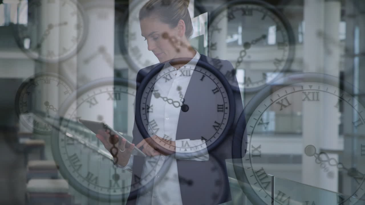 используя планшет, бизнесменка, окруженная часами, сталкивается с анимацией в офисе.