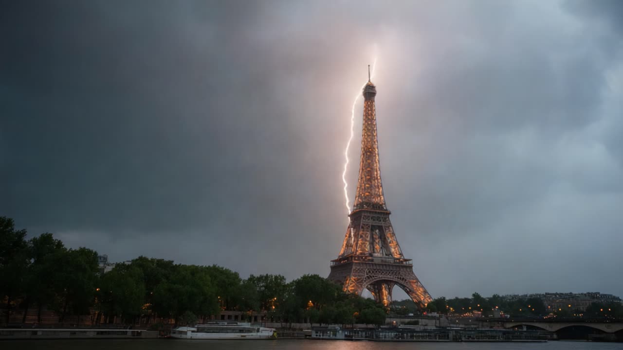 Drammatici fulmini vicino a una torre iconica tra nuvole temporalesche scure, catturando la potenza della natura e la bellezza urbana in un sorprendente contrasto di luce e ombra.