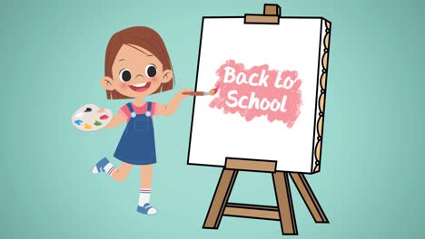 Animation-Eines-Digitalen-Schulmädchens,-Das-Back-to-School-Text-Auf-Einer-Staffelei-Auf-Grünem-Hintergrund-Malt