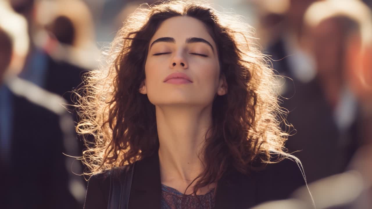 A serene woman with curly hair stands amidst a bustling crowd, eyes closed, embracing a moment of tranquility and reflection in a busy urban environment