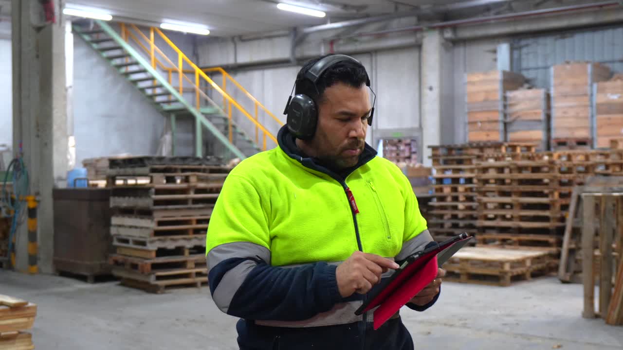 Magazziniere con tablet che ispeziona i pallet
